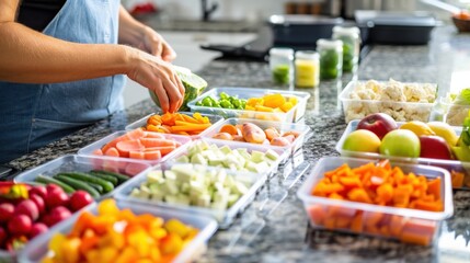 Obraz premium A woman is preparing a salad with a variety of vegetables, including carrots