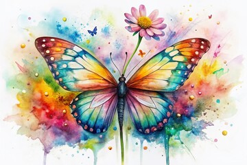 Vibrant watercolor art depicts a colorful graffiti butterfly perched on a delicate flower, set against a crisp white background, exuding whimsy and playful elegance.