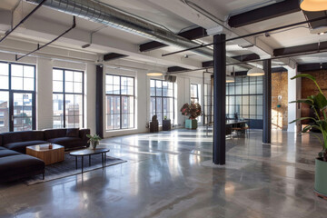 Fototapeta premium Business, office and empty with furniture, couch and minimal for workspace of coworking, table and startup. Workplace, desk and architecture of building, window and chair of interior design in room