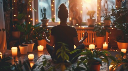 Naklejka premium A woman is sitting on a rug in a room with candles and plants