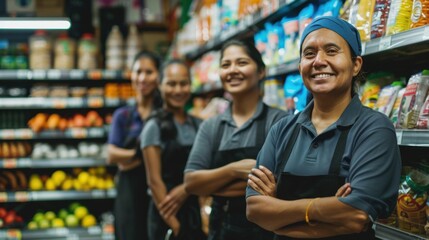 Naklejka premium supermarket employees standing and smiling at the camera.