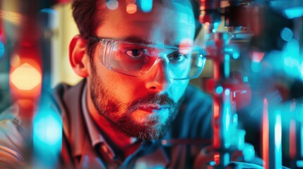 A man wearing safety glasses is looking at a piece of equipment