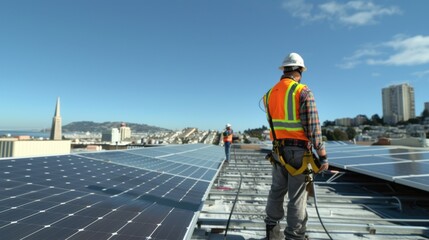 Fototapeta premium A man in a safety vest is working on a solar panel