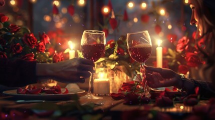 A couple is toasting to their love with two glasses of wine