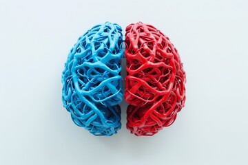 Vivid artistic depiction of a brain split into blue and red hemispheres, showcasing neural complexity.