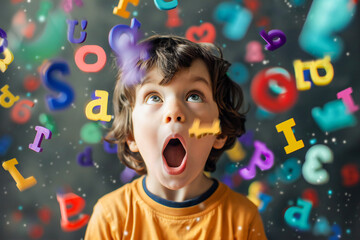 A young boy is learning to speak, or learning a foreign language. Colorful letters fly out of his mouth. A creative representation of language learning and children's education
