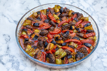 Eggplant kebab with meatballs in the oven