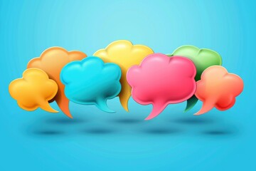 A collection of vibrantly colored speech bubbles over a blue background, representing communication and conversation. Useful for social media, websites, or creative designs.