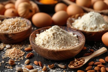 A bowl of flour with almonds nuts and seeds scattered around it on a wooden surface