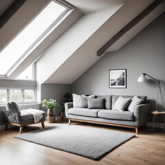 Fototapeta premium Grey attic living room interior with sofa
