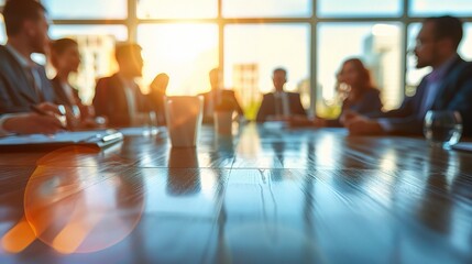 Golden Hour Strategy Session: A blurred silhouette of a diverse business team engaged in a meeting during golden hour, emphasizing collaboration and decision-making with a warm, optimistic tone. 