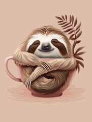 Naklejka premium Cute sloth in cup with pink leaves