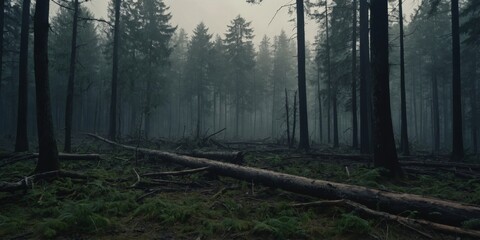 Fototapeta premium Deforestation, Destruction of Forests Damage to Nature desolate misty forest clearing.