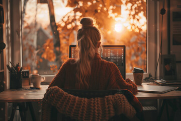 Cozy autumn workspace with a warm sunset glow