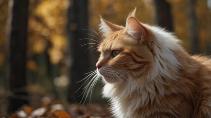 Fluffy white-red cat in profile in the autumn forest, world animal day, cat in autumn park.