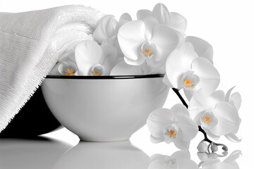 A white bowl with white flowers and a white towel