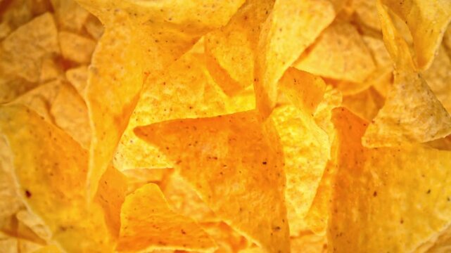 Super Slow Motion Shot of Falling Tortilla Chips Followed by Camera at 1000 fps.