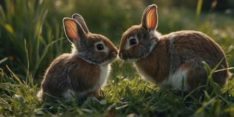 Fototapeta premium Cute mother and baby bunny rabbits in the grass.