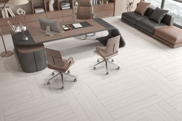 Office interior in modern style with white marble flooring, beautiful decor, wooden book shelf, computer on table and armchair, huge white poster at wall. Mockup. 3D Illustration. 3D Rendering