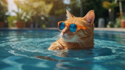 Cute orange cat wearing sunglasses The cat is relaxing in a pool ring, floating in a swimming cool with mild blue water, in a hot summer day.