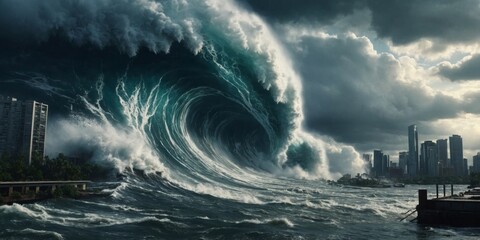 Huge tidal wave crushing a skyline Stormy post apocalypse city End of the world City destruction Water destruction Stormy weather.