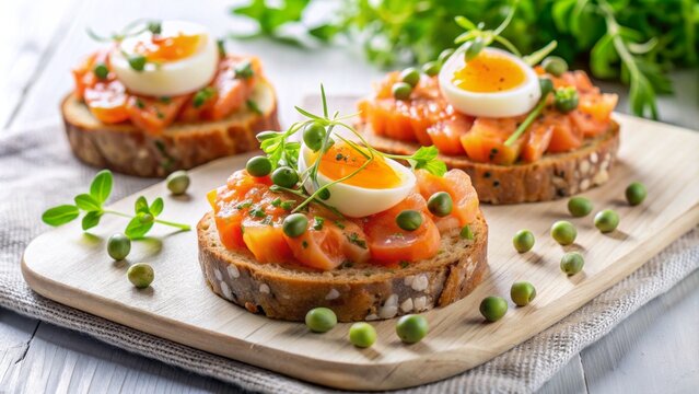 Fresh salmon tartare garnished with quail egg and microgreens on toasted bread, elegantly presented on a crisp white tablecloth.