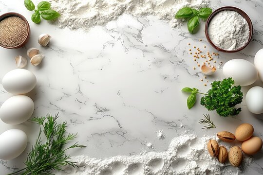 A marble countertop is adorned with a collection of baking ingredients including flour eggs nuts and herbs