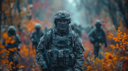 Naklejka premium A group of soldiers in full tactical gear navigate through an autumn forest as orange and red leaves illuminate the surroundings with vibrant colors
