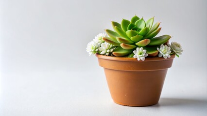 Fototapeta premium Small potted succulent with vibrant green leaves and delicate white flowers sits alone on a clean white background surface.