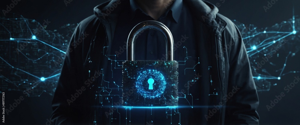 Wall mural cybersecurity concept a businessman holding a glowing digital padlock within a network of connected 