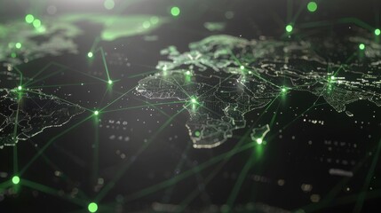 Global digital network, light grey environment, neon-green networks, glowing hubs, crisp and forward-thinking.