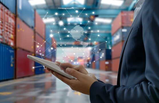 A businessman holds an tablet with a global map and logistics icons floating above