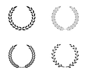 Laurel wreath icon set. Сollection of black circular foliate laurels branches. Vintage laurel wreaths. Black silhouette circular laurel foliate, wheat and oak wreaths depicting an award, achievement.