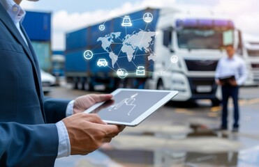 A businessman holds an tablet with a global map and logistics icons floating above