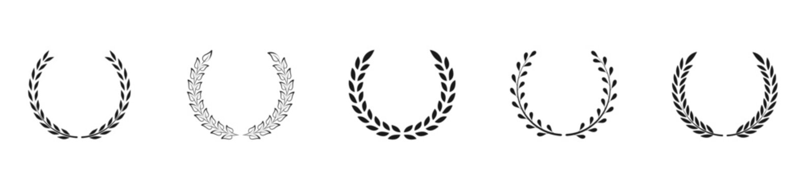 Laurel wreath icon set. Сollection of black circular foliate laurels branches. Vintage laurel wreaths. Black silhouette circular laurel foliate, wheat and oak wreaths depicting an award, achievement.