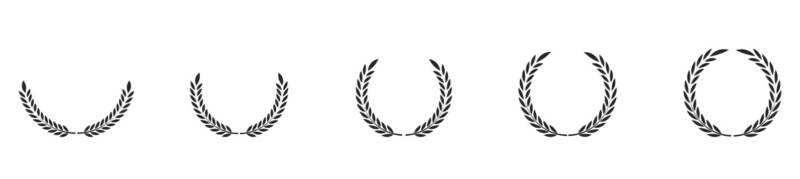 Laurel wreath icon set. Сollection of black circular foliate laurels branches. Vintage laurel wreaths. Black silhouette circular laurel foliate, wheat and oak wreaths depicting an award, achievement.