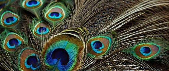 Obraz premium Feathers of tropical peacock bird Macro, close-up view Beautiful animals color accuracy of nature.