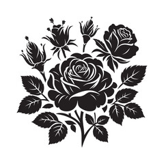 Elegant Black and White Rose Vector Illustration, Beautiful Rose Silhouette Art for Creative Projects