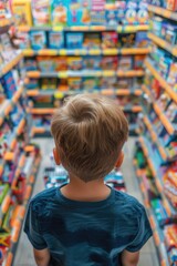 Obraz premium Young boy surrounded by toys. Aisle filled with assorted games and gifts.