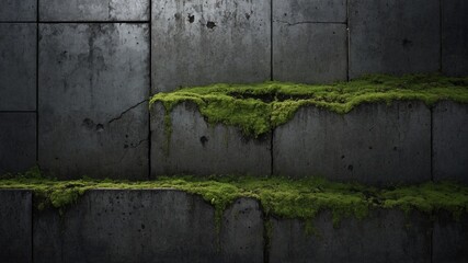 Vibrant green moss spreads horizontally across weathered concrete wall, contrasting with aged grey surface. Irregular patches of moss highlight natures persistence in urban environment.