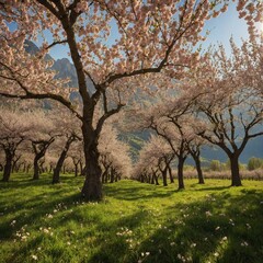 Amidst sun-kissed grove, cherry blossom trees flourish, their sturdy trunks leading to delicate canopy of pink petals. Dappled shadows dance on vibrant green grass.