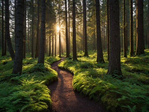 Winding dirt path splits, meanders through dense forest of tall trees, with sunlight piercing through foliage to illuminate scene. Forest floor lush with vibrant green ferns.