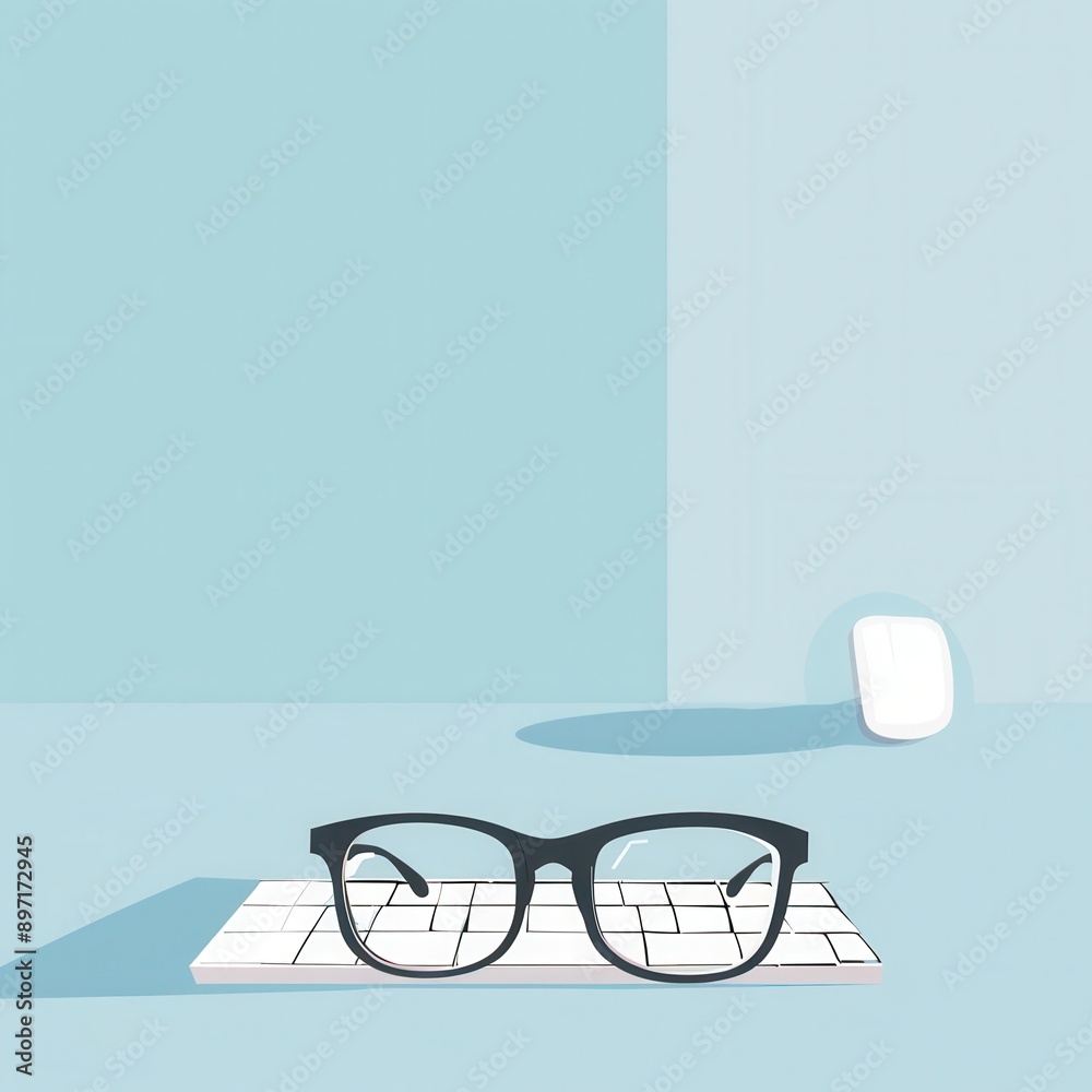 Leinwandbilder eyeglasses are placed on top of a white computer keyboard on a blue desk. generative ai