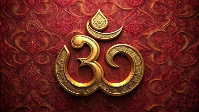 Intricately designed golden om symbol against a solemn, richly textured burgundy background, exuding serenity and spiritual significance in Hinduism.