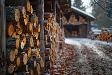 A tranquil winter scene in a rustic setting featuring neatly stacked logs of wood outside, with a snow-covered pathway leading to a cozy wooden cabin and more firewood stacked in the distance