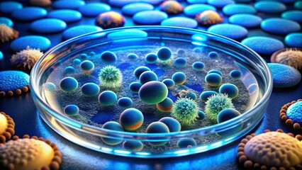 Colorized scanning electron micrograph of vicious viral particles and lethal bacteria colonizing a petri dish with eerie blue glow.