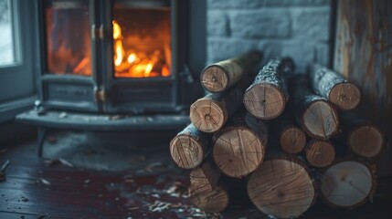 Logs stacked beside fireplace for warmth and coziness.