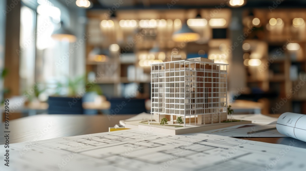 Poster architectural model of a high-rise building on a desk with blueprints. design and construction plann