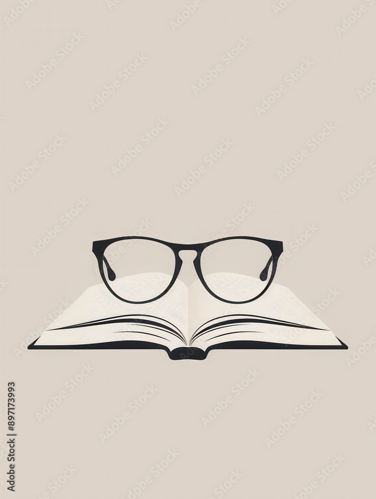Poster a black and white illustration of an open book with a pair of eyeglasses resting on it. the backgrou