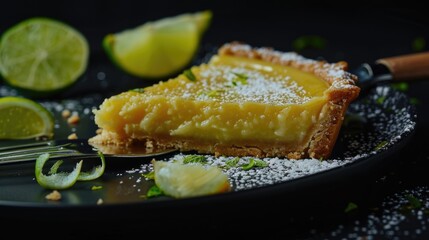 A slice of lemon pie served on a plate with a fork, perfect for a dessert or snack